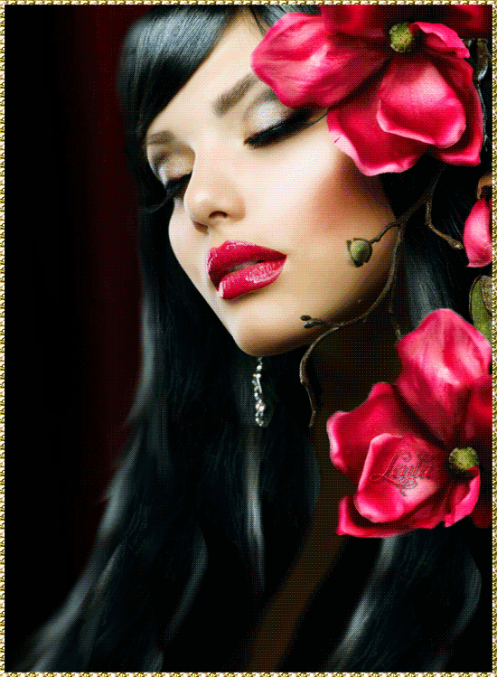 Гифки брюнетки. Женщина вамп. Анимация девушки. Красивая девушка с орхидеей. Брюнетка с красными розами.